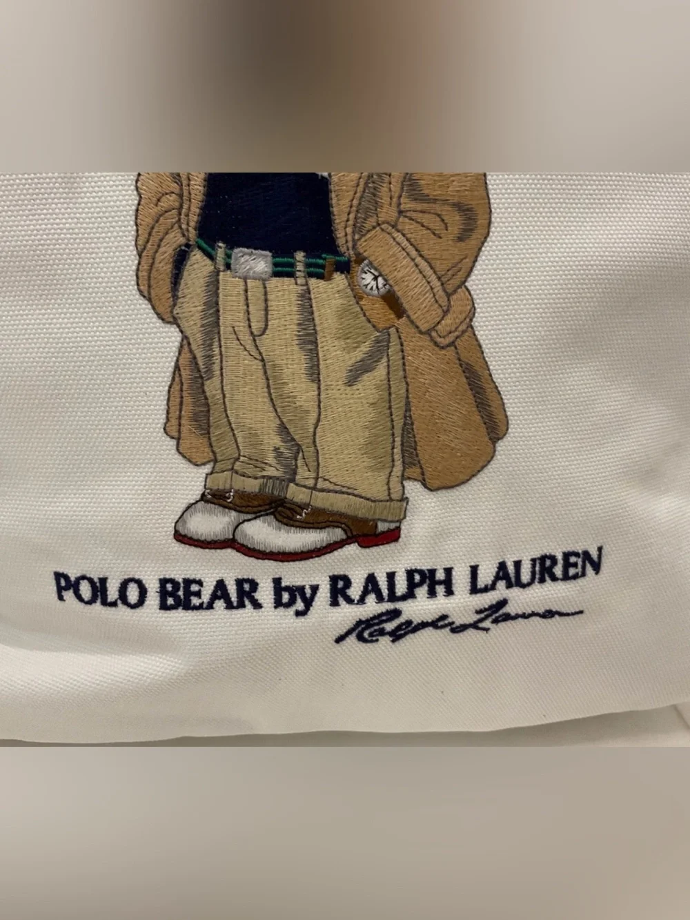 Polo Ralph Lauren White COLLEGIATE BEAR Canvas Embroidered SHOPPER Tote Bag